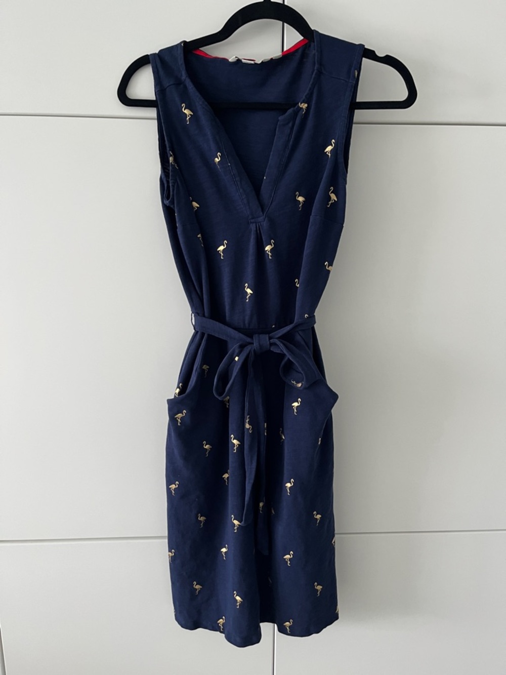 Boden Navy Blue Sleeveless Gold Flamingo Print Belted Knee Length Dress